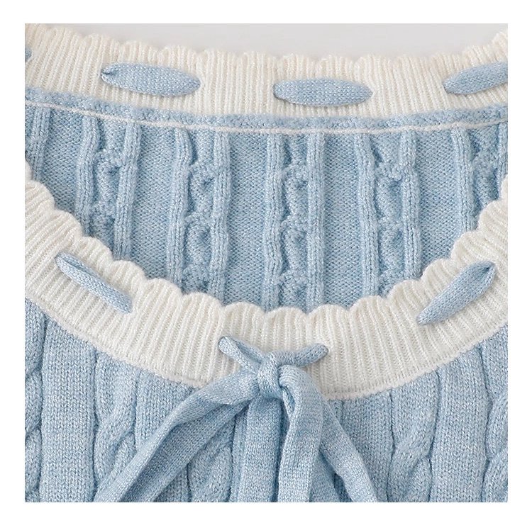 藍色綁帶圓領扭花針織衫女秋季新款百搭長袖上衣