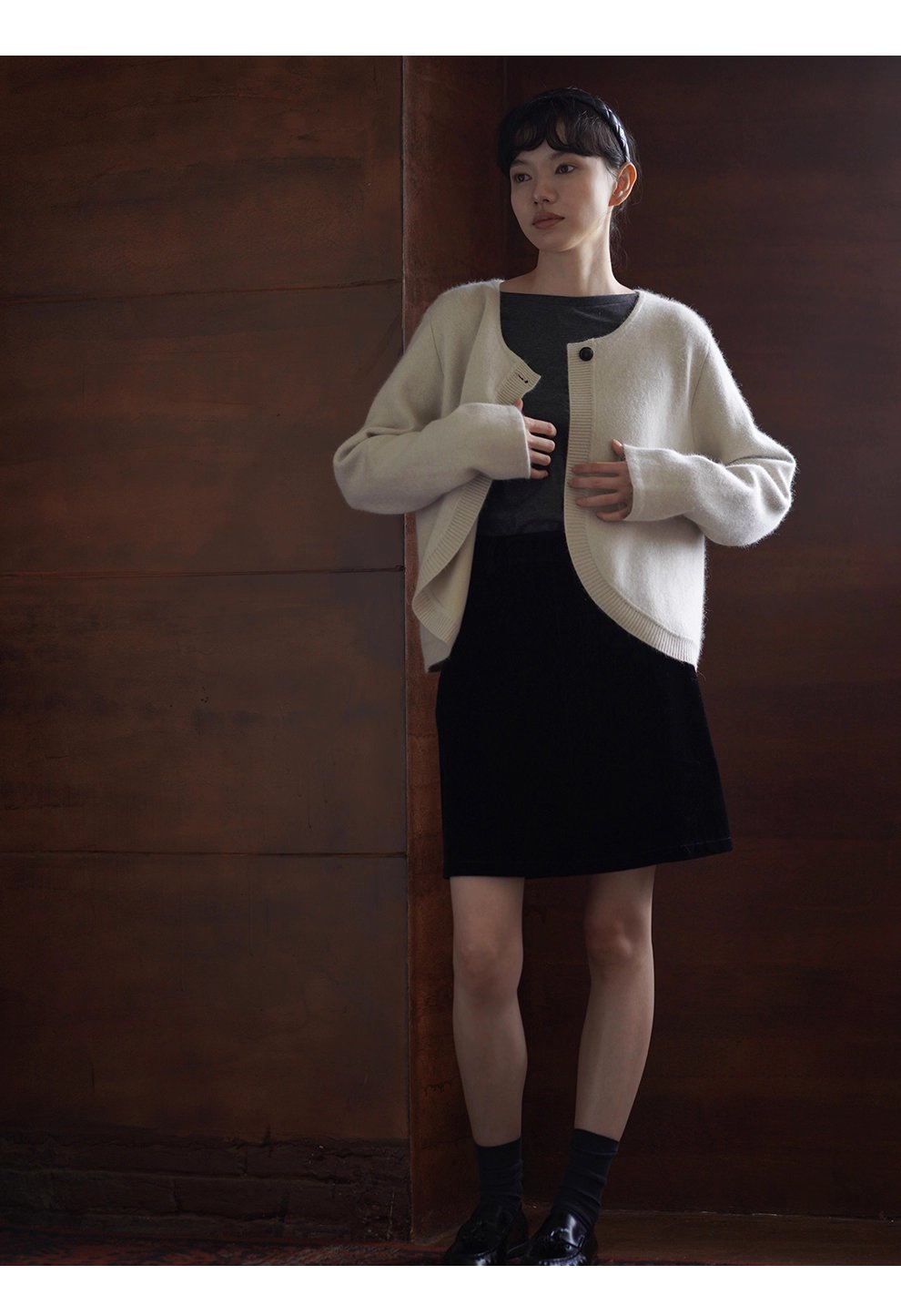 溫柔濾鏡氛圍感軟糯兔毛羊毛外套弧形門襟寬鬆毛衣開襟衫