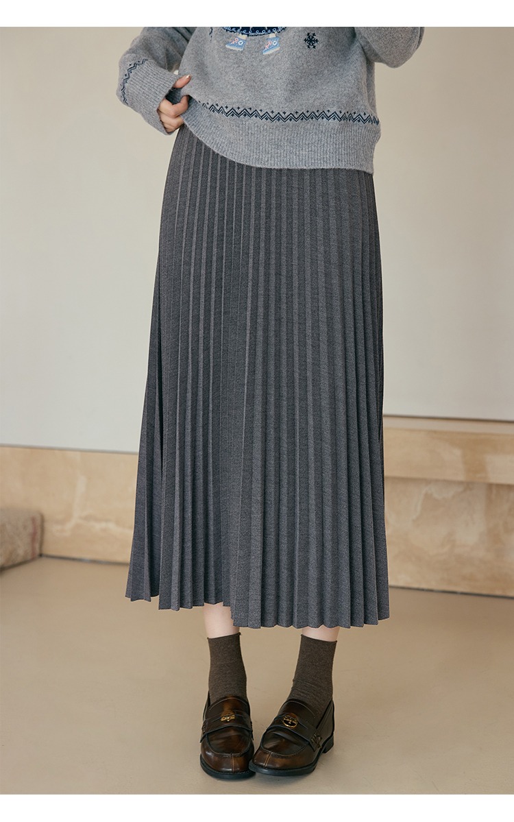 大尺碼女裝高腰A字半身裙灰色百褶裙長款裙子