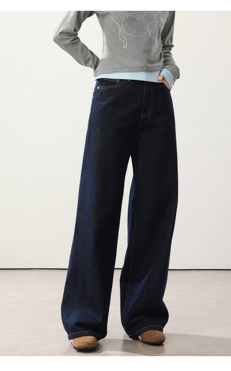 高腰直筒牛仔褲胖mm顯瘦深藍色寬褲