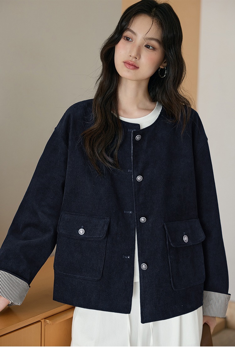胖mm大尺碼燈芯絨外套韓系穿搭深藍色開衫外套
