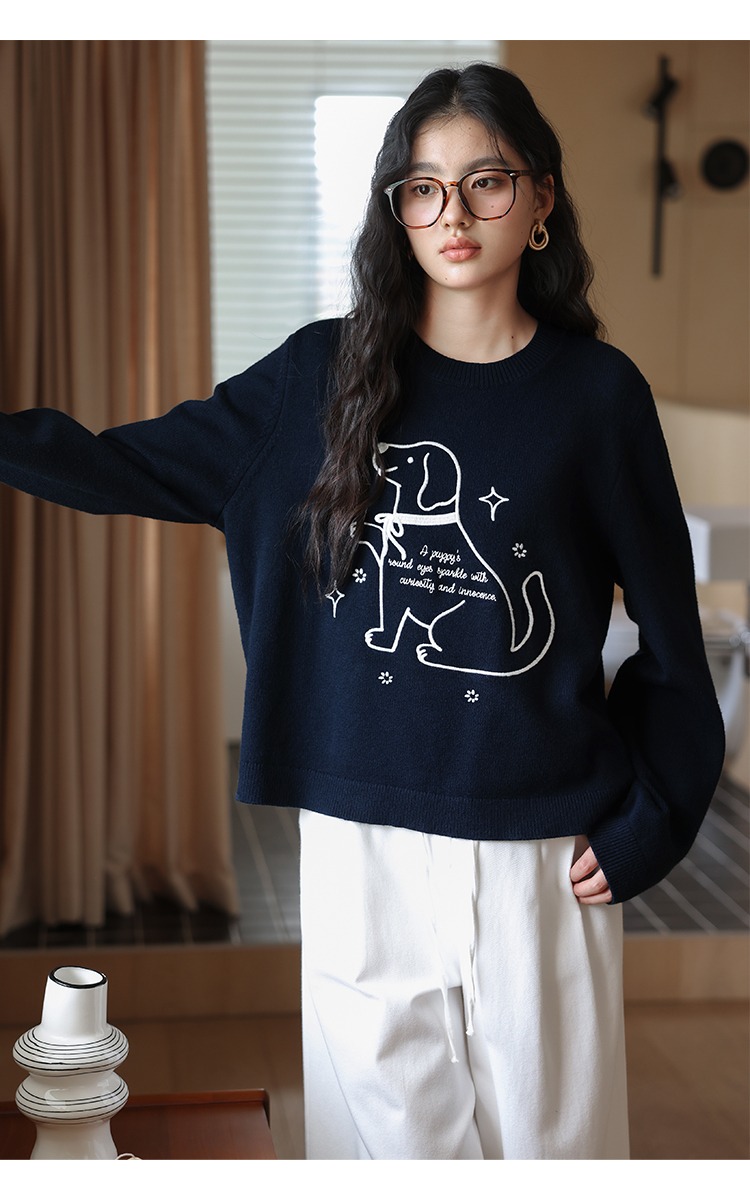 大尺碼小狗刺繡毛衣慵懶針織衫秋冬寬鬆上衣