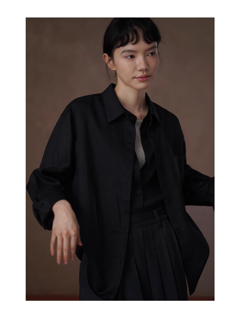 另類通勤設計感假兩件100苧麻挺括疊穿寬鬆顯瘦長袖襯衫