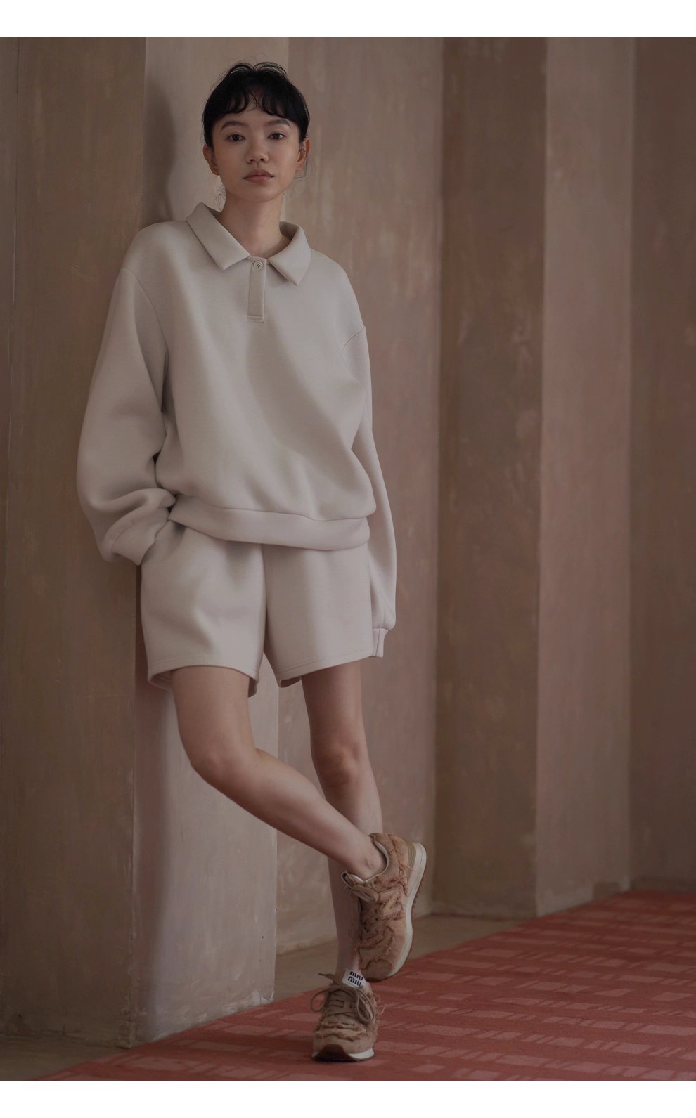 綿軟暖糯衛衣套裝寬鬆落肩Polo領顯瘦上衣鬆緊高腰短褲