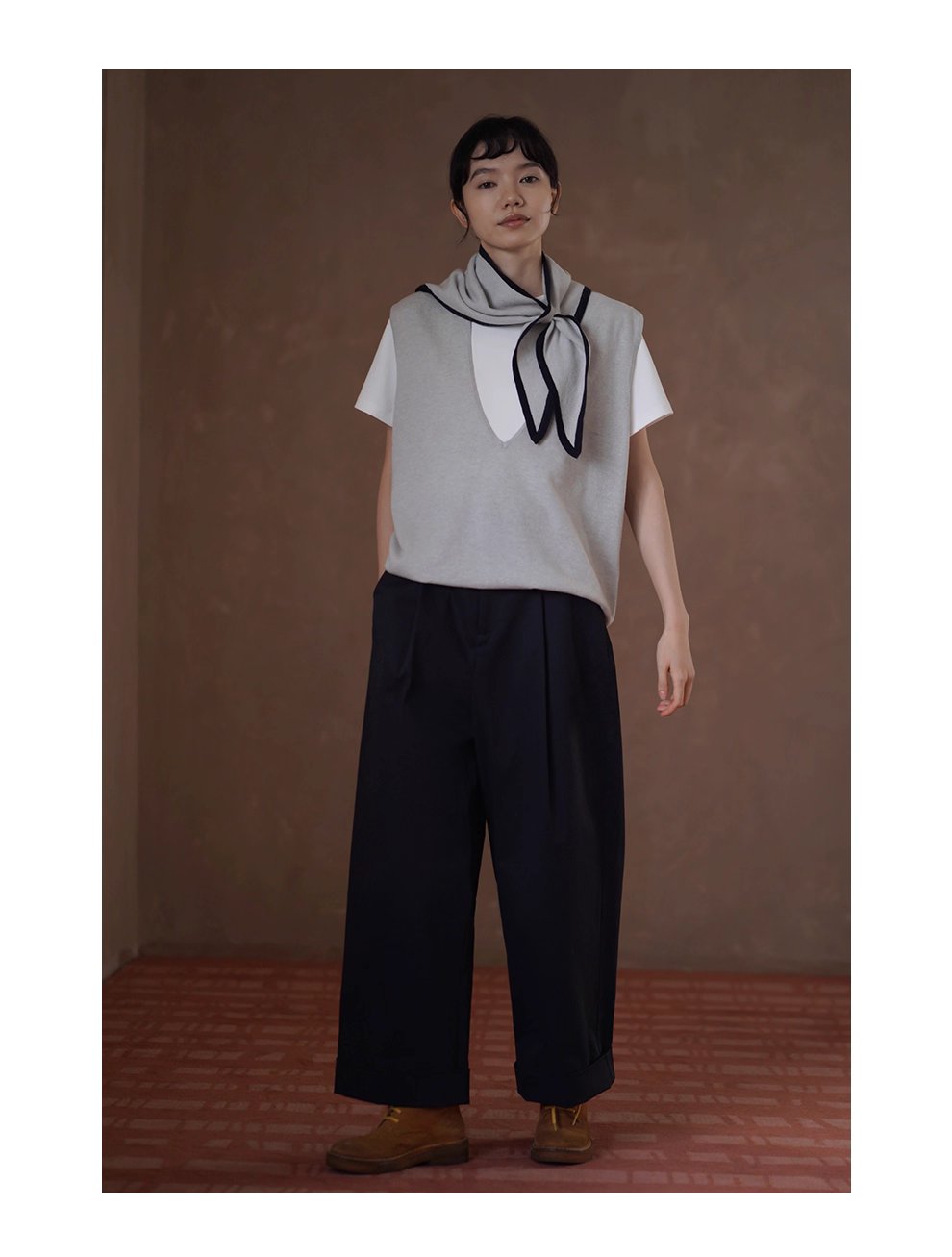 無可挑剔挺括棉感可調式腰帶直筒寬鬆闊腿顯瘦高腰長褲