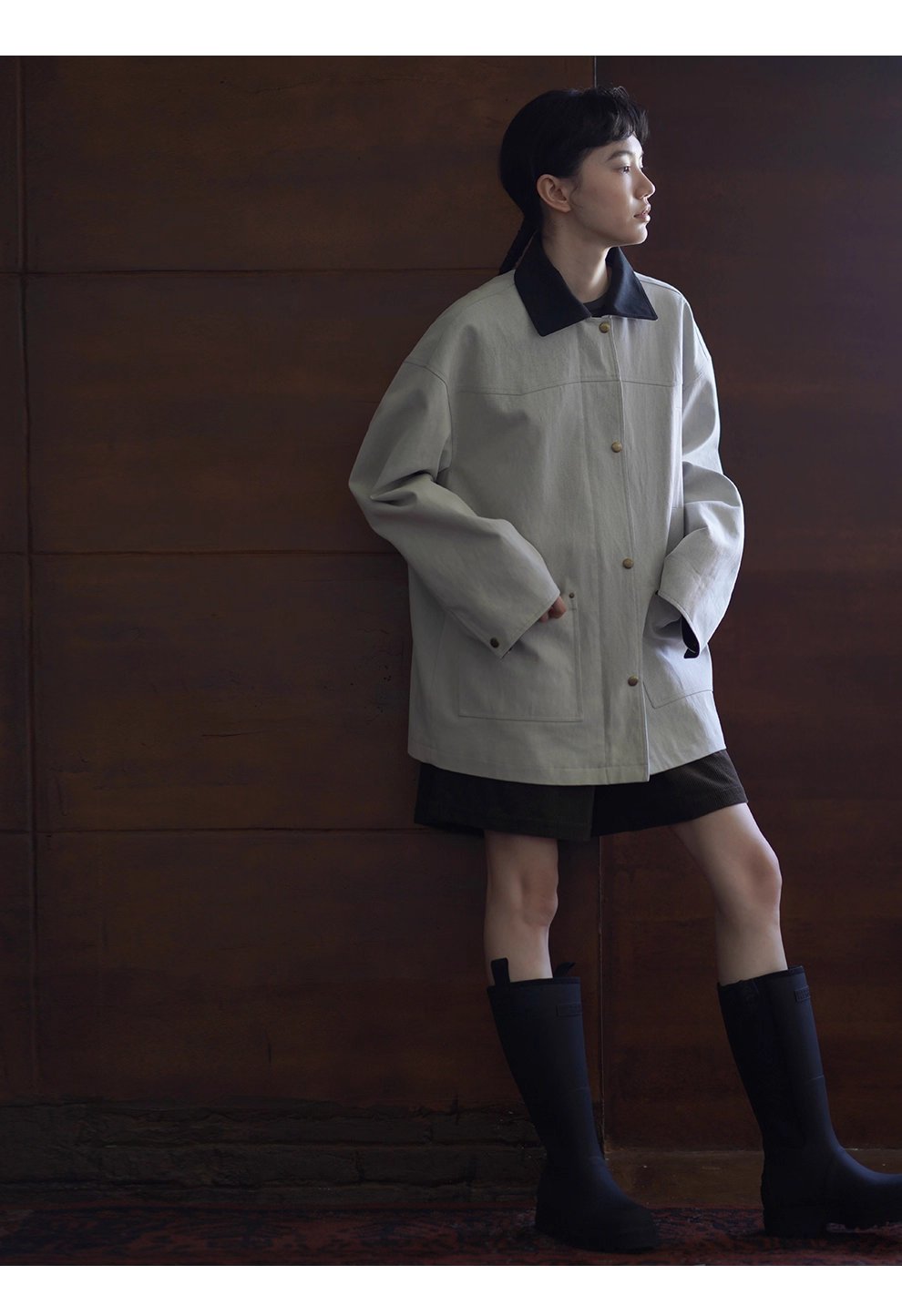 復古工裝健行外套斜紋挺括寬鬆顯瘦撞色翻領一手長風衣