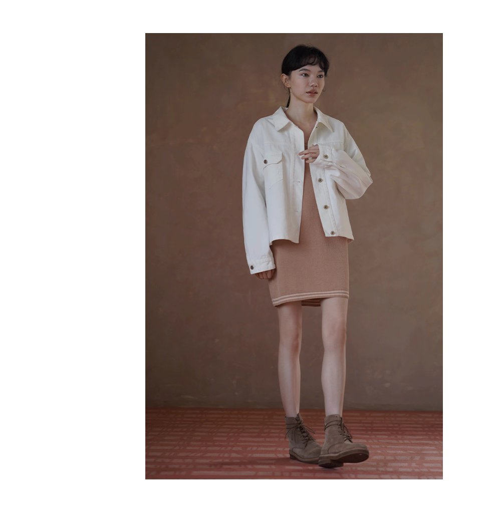 復古工裝立體口袋水洗100棉柔軟斜紋牛仔寬鬆翻領外套女