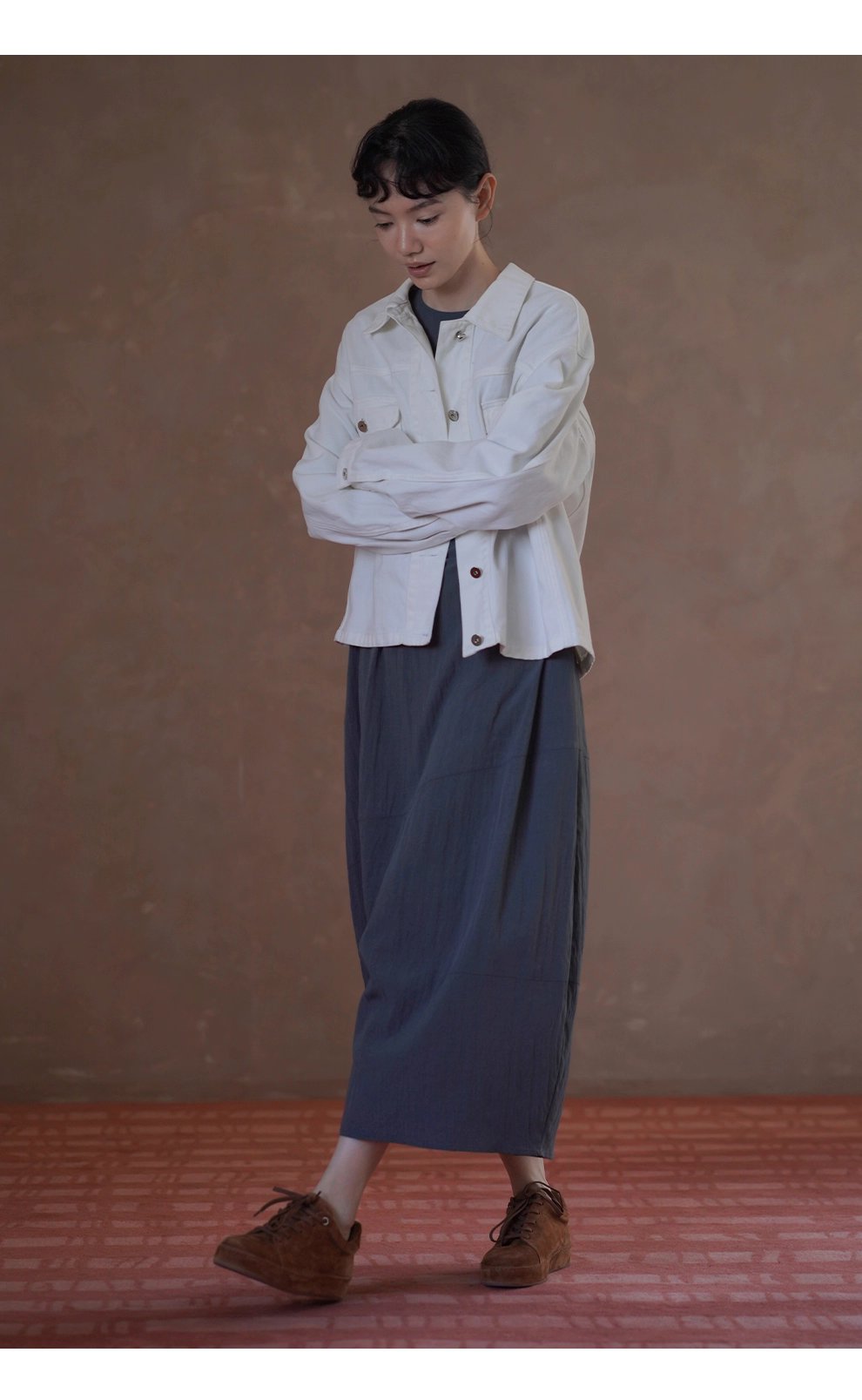 無負擔慵懶洋裝微皺肌理感寬鬆顯瘦廓形圓領通勤裙子