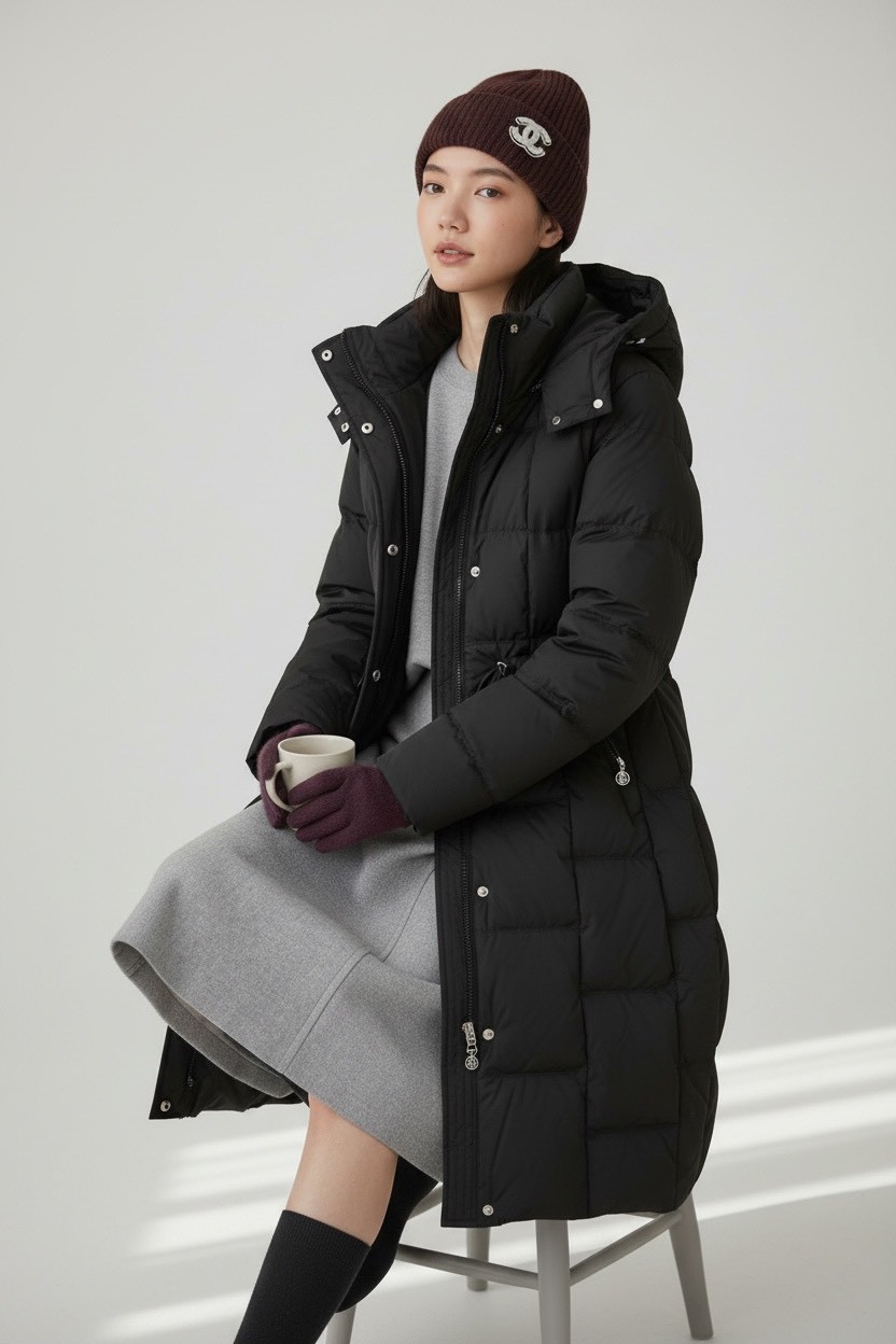冬季重工簡約充絨工藝90白鴨絨連帽不厚重長羽絨服