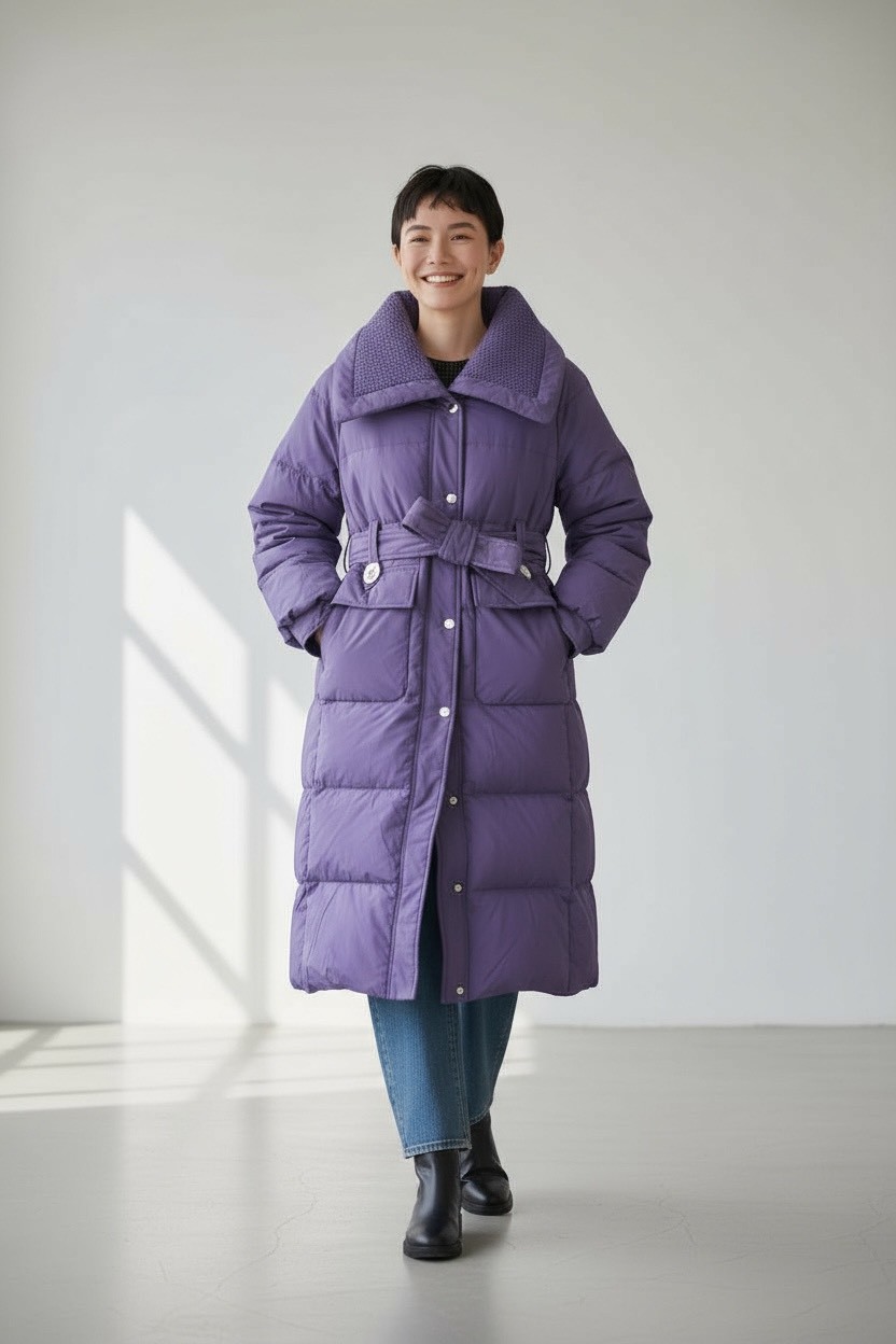 收腰顯瘦保暖白鴨絨大翻領百搭羽絨服中長款外套