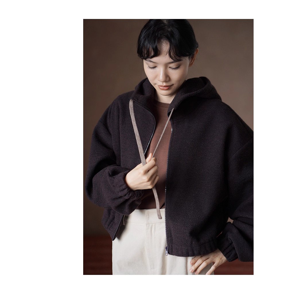 榛果咖濃鬱質感加厚綿羊毛混紡寬鬆短連帽衛衣外套女