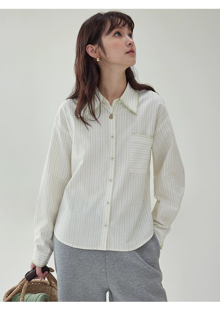 反線條單排扣長袖襯衫女秋季新款polo領寬鬆上衣