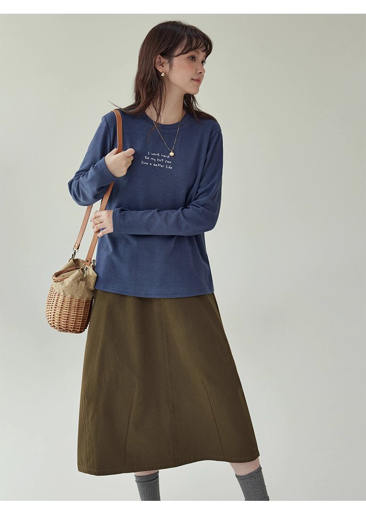 日系刺繡圓領雙面絨長袖T恤女秋季新款百搭上衣