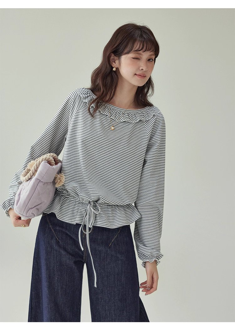小眾抽繩下擺條紋花邊T恤女秋新款寬鬆長袖上衣