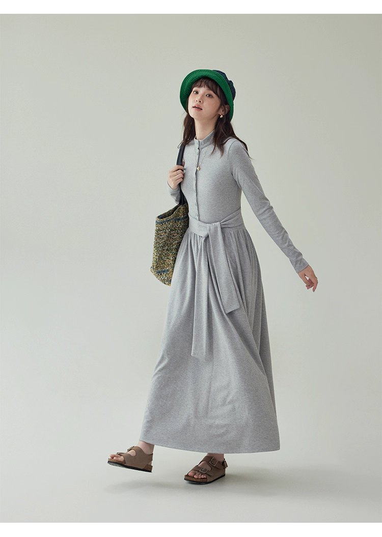 灰色修身高腰綁帶洋裝女秋新款長袖收腰T恤裙