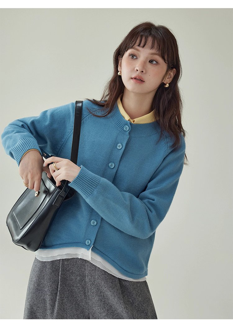 拼接蕾絲下擺藍色針織衫女秋季新款紐帶長袖上衣