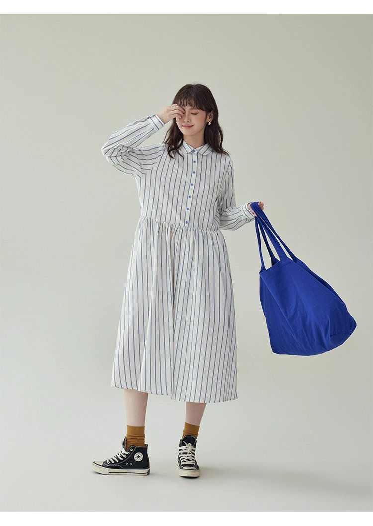藍條紋娃娃領純棉洋裝女秋新款寬鬆長袖襯衫裙,藍條紋娃娃領純棉洋裝女秋新款寬鬆長袖襯衫裙,HBEW7043,藍條紋娃娃領純棉洋裝女秋新款寬鬆長袖襯衫裙,襯衫洋裝,全棉面料