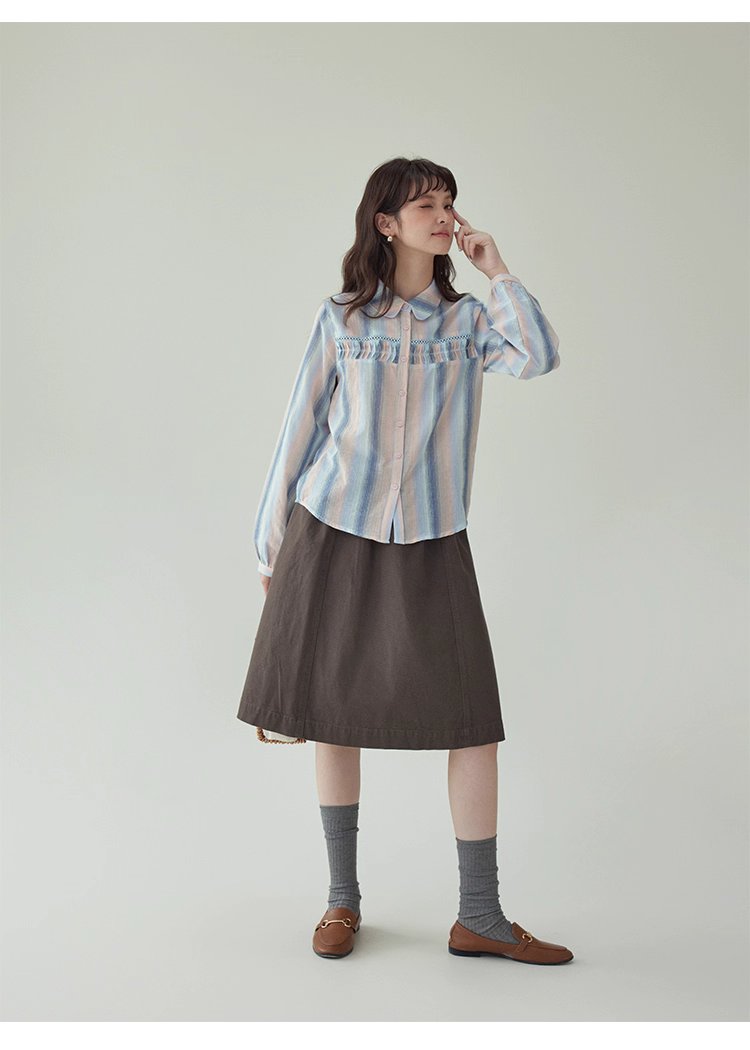 少女感鏤空拼接條紋襯衫女秋季新款純棉長袖上衣