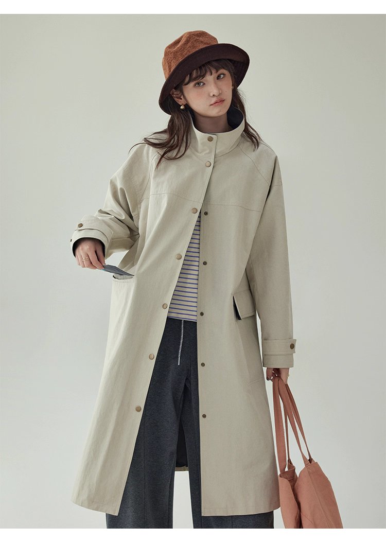 日系純色立領長風衣外套女秋新款寬鬆長袖上衣