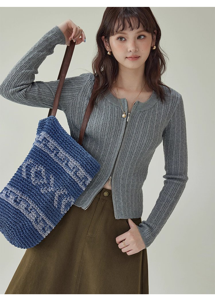 純色麻花雙頭拉鍊針織衫女秋季新款修身純棉上衣