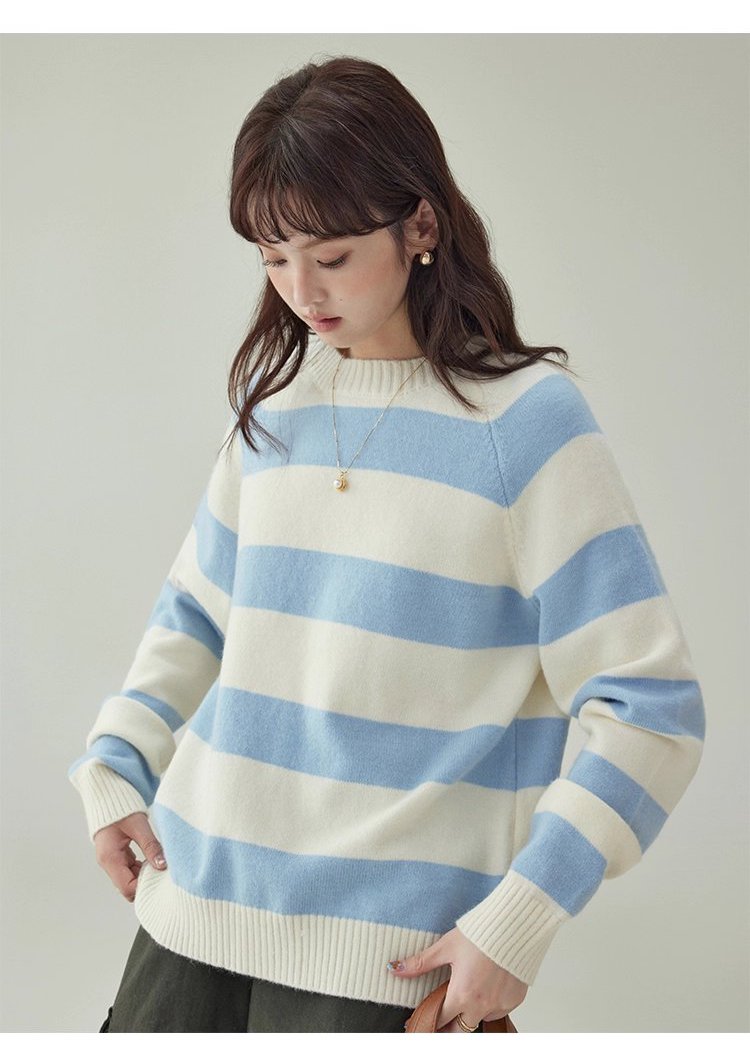 韓國拼色條紋插肩袖毛衣女秋款新款休閒寬鬆上衣