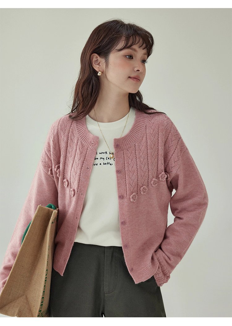 少女感粉紅花朵毛衣開襟女秋季新款寬鬆長袖上衣