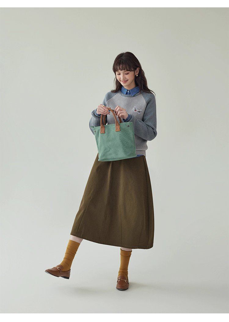 拼色插肩長袖短版針織衫女秋季新款小狗刺繡上衣