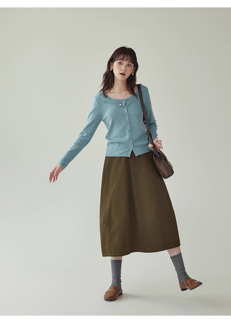 藍色圓領針織衫女秋季絕美短款修身長袖開襟衫上衣