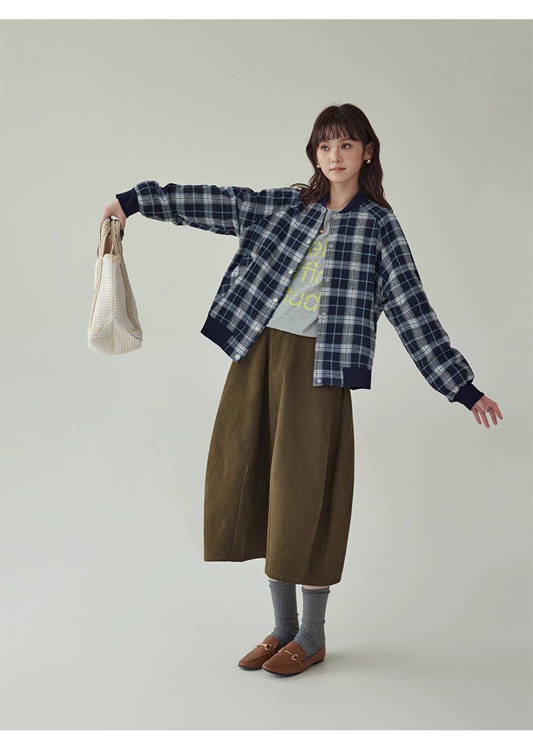 撞色格紋插肩袖摁扣外套女秋季新款長袖外套上衣