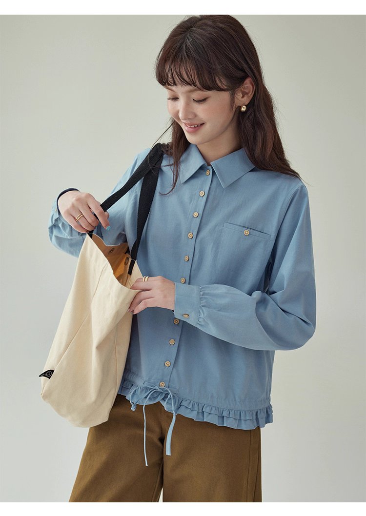 藍色花邊下擺抽繩襯衫女秋季新款單排扣長袖上衣,藍色花邊下擺抽繩襯衫女秋季新款單排扣長袖上衣,HBEW1103,藍色花邊下擺抽繩襯衫女秋季新款單排扣長袖上衣,翻領排扣,天絲混棉