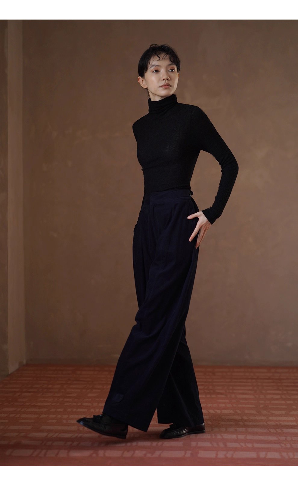 復古柔光細條100棉燈芯絨顯瘦高腰可調式腳口寬鬆長褲女