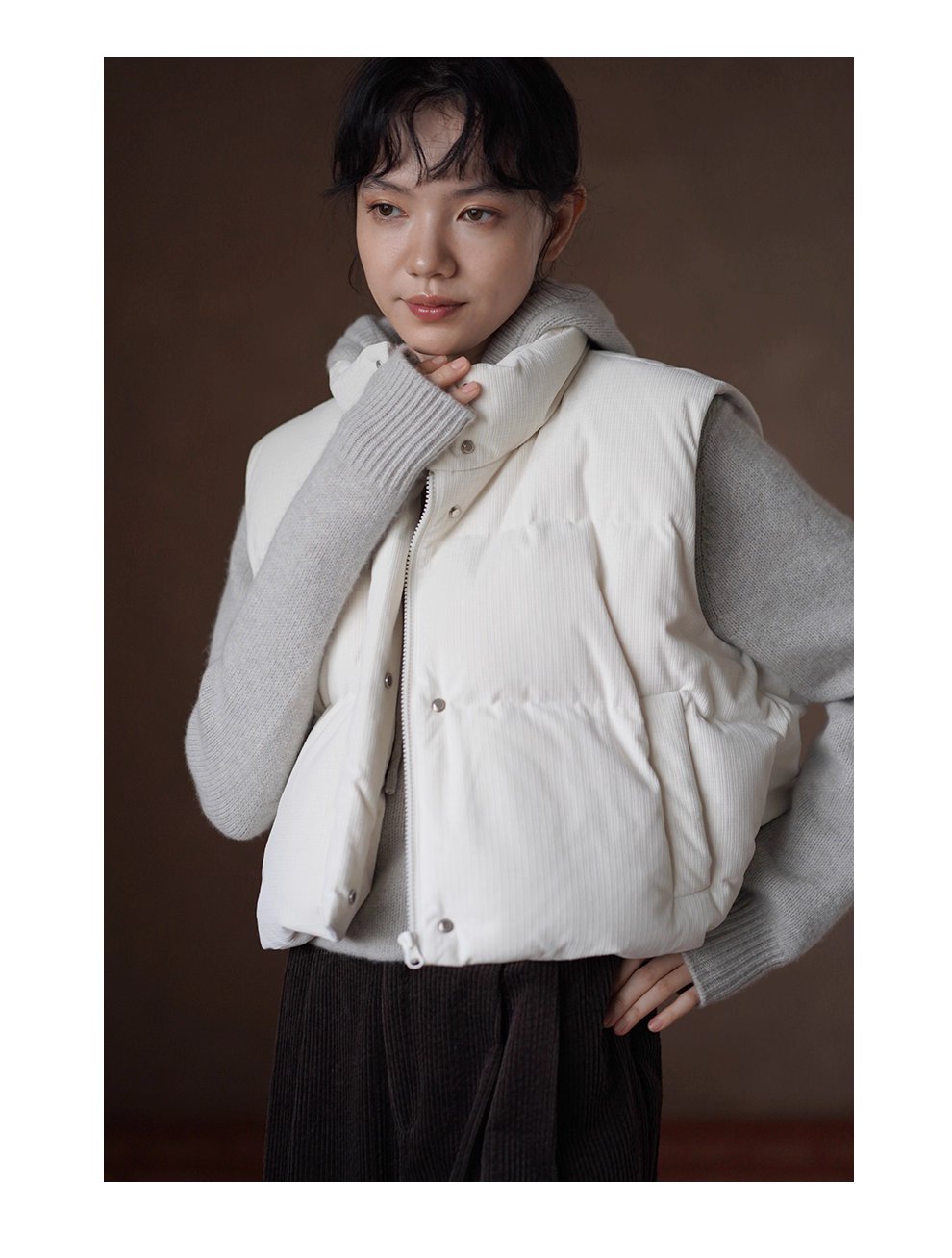 保暖軟糯小泡芙格外套紋肌理寬鬆短款立領夾棉馬甲棉服