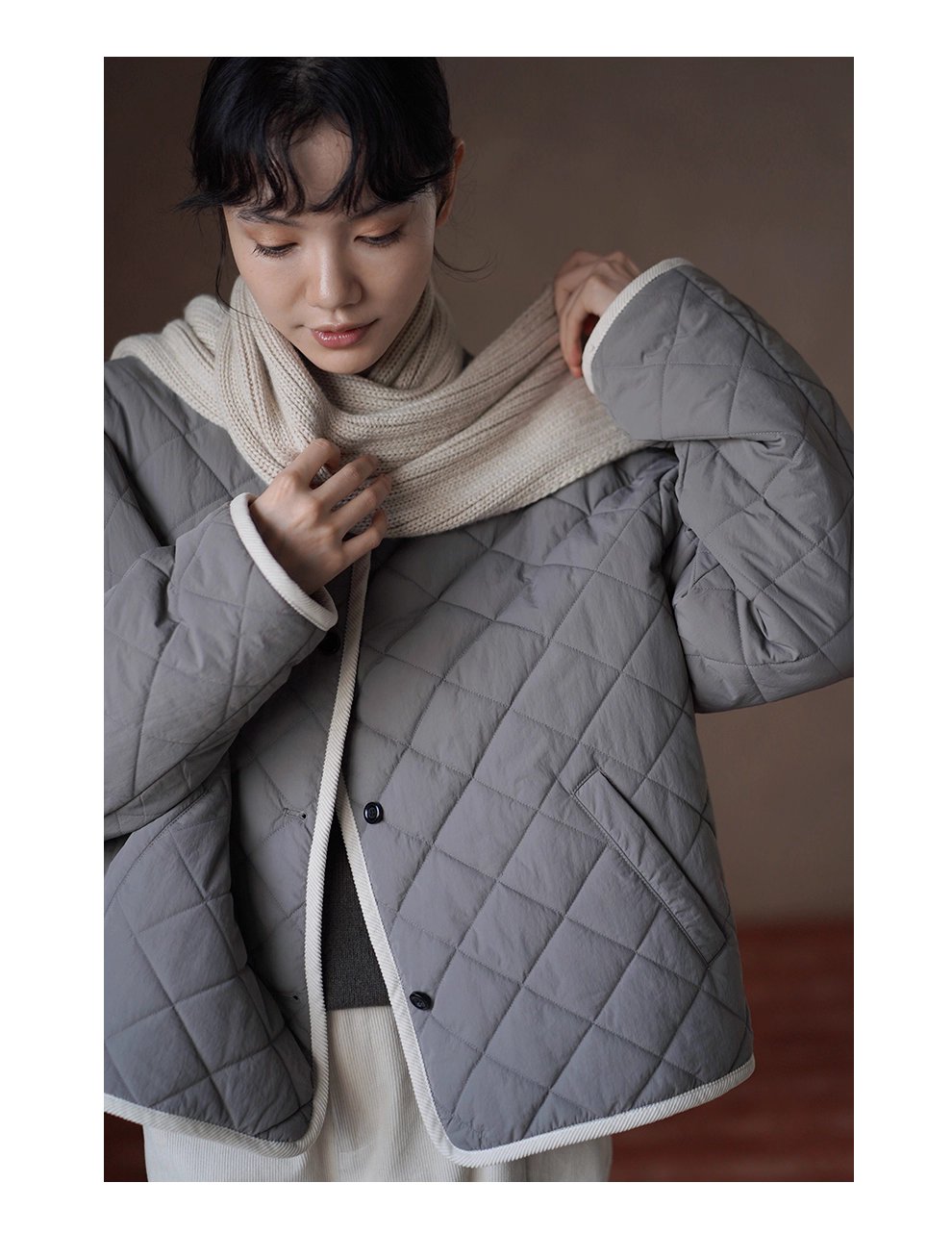 撞色燈芯絨包邊顯瘦菱格絎線寬鬆輪廓顯瘦保暖棉質外套