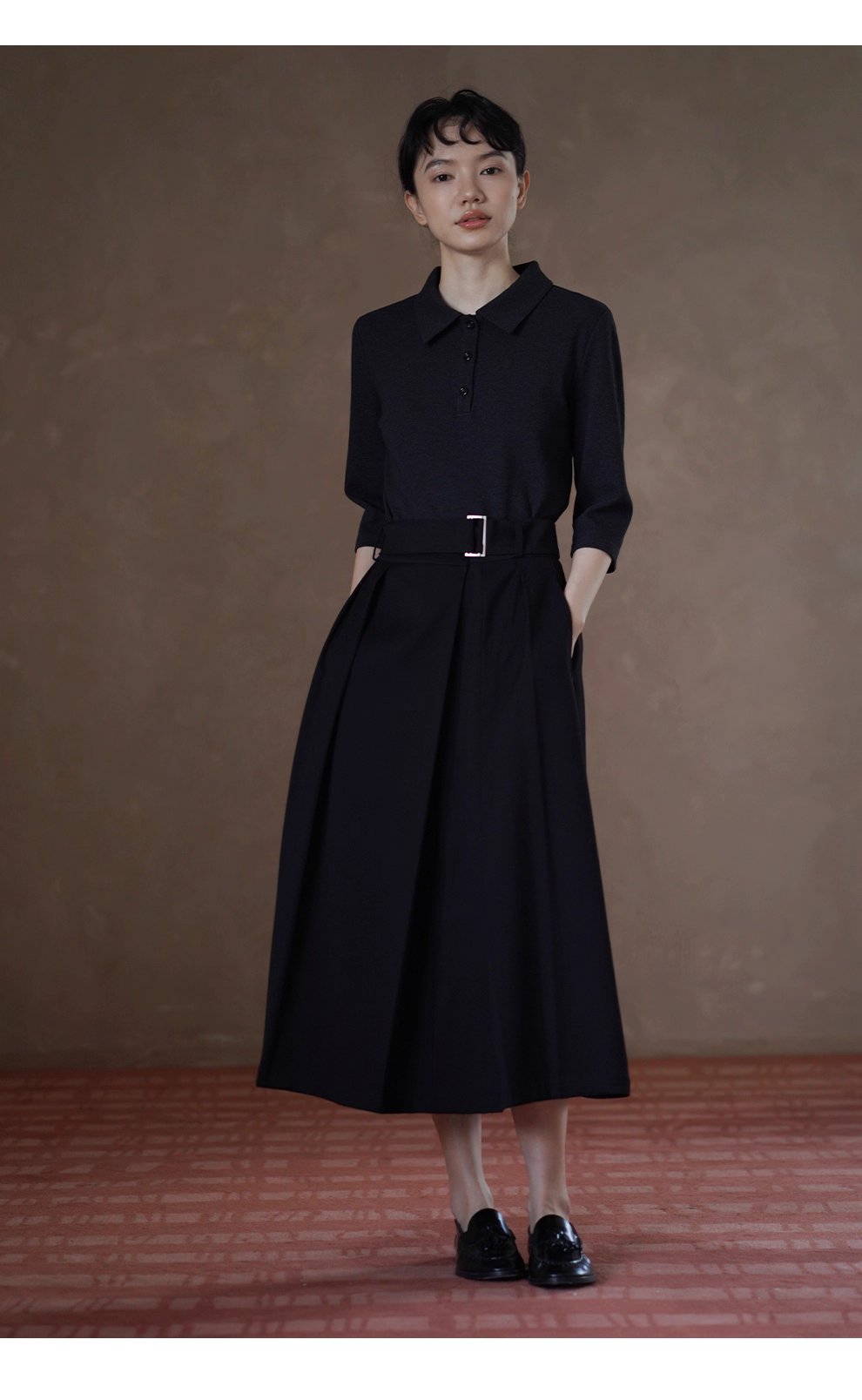 簡約法式高腰中長A字顯瘦通勤不挑人百褶腰帶半身裙女