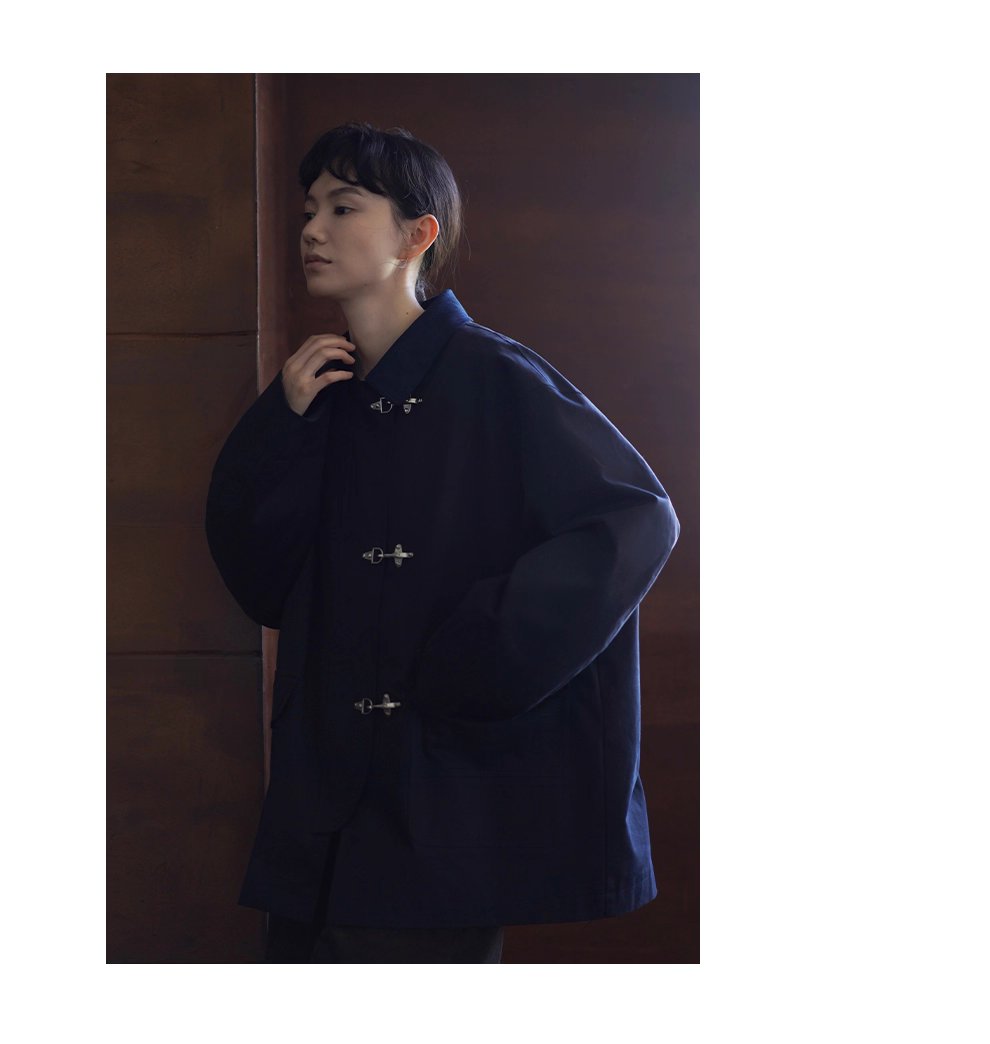 走讀生復古外套小眾飛機扣設計中長款拼接麂皮領口風衣