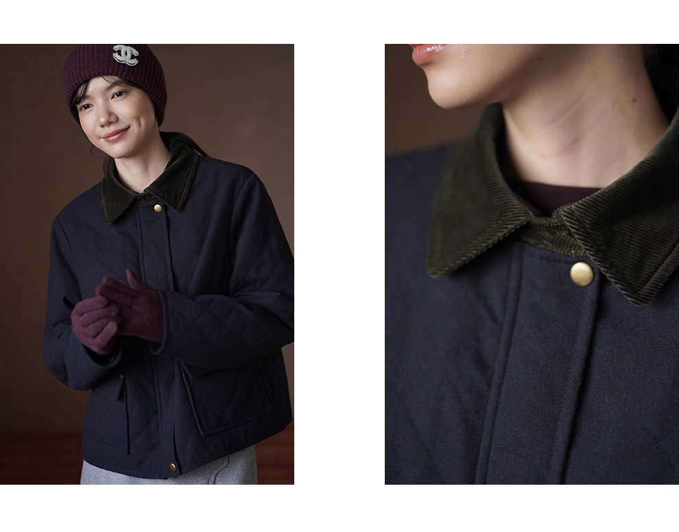 復古英倫配色撞色燈芯絨翻領正肩短款菱形格絎棉外套女
