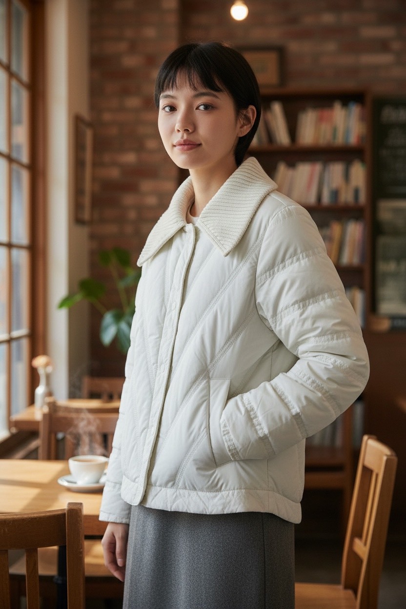 輕盈款白鴨絨輕薄大朵絨斜紋針織翻領羽絨衣外套