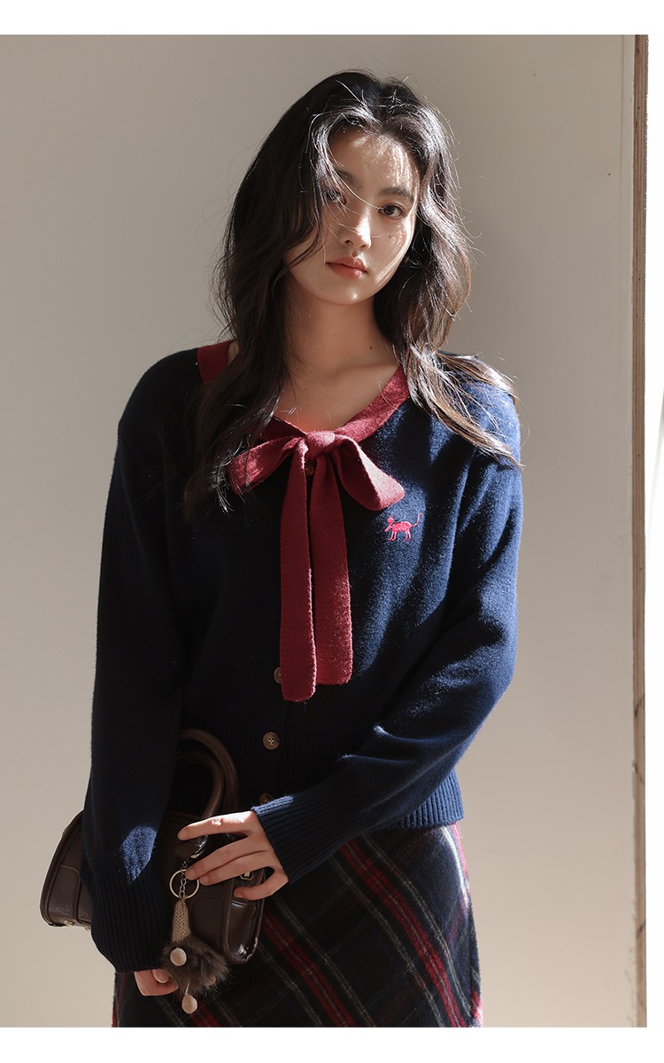 學院小香風蝴蝶結綁帶針織衫女秋冬毛衣