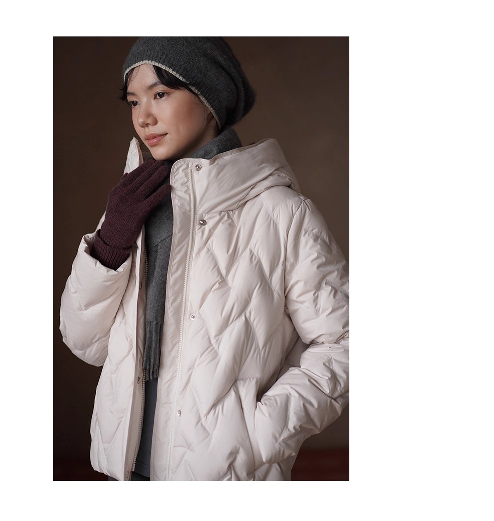 高密仿鑽絨人字紋絎線新國標90白鴨絨連帽短款羽絨衣女