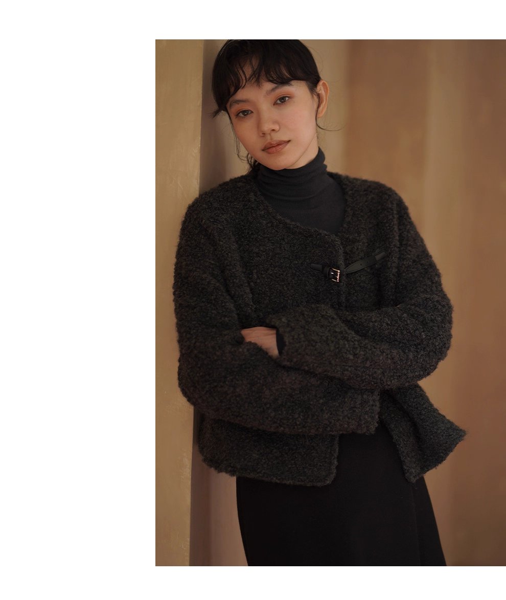 費城外套蓬鬆羊毛圈毛呢料輪廓皮袢圓領通勤顯瘦大衣