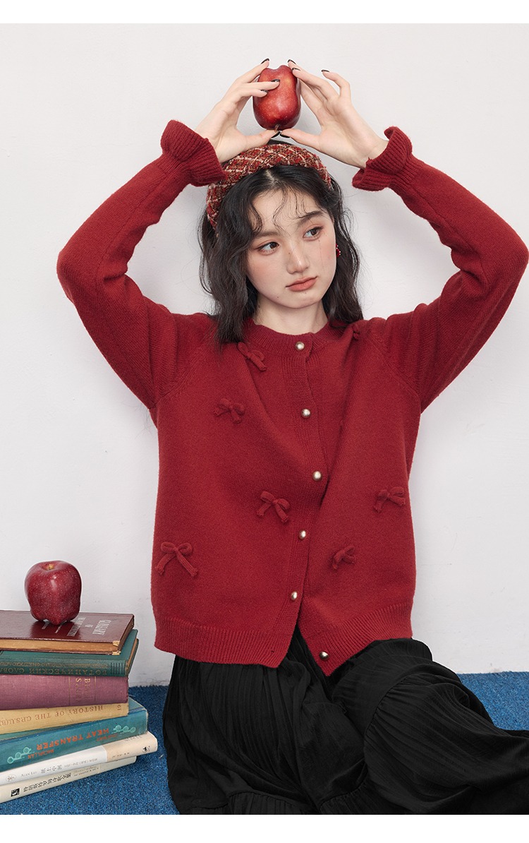 大尺碼胖mm秋冬毛衣開襟外套紅色蝴蝶結針織衫上衣