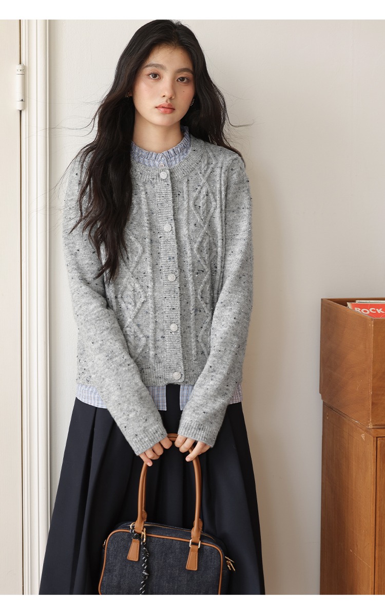 秋冬灰色毛衣開襟衫女拼接格子襯衫假兩件針織衫