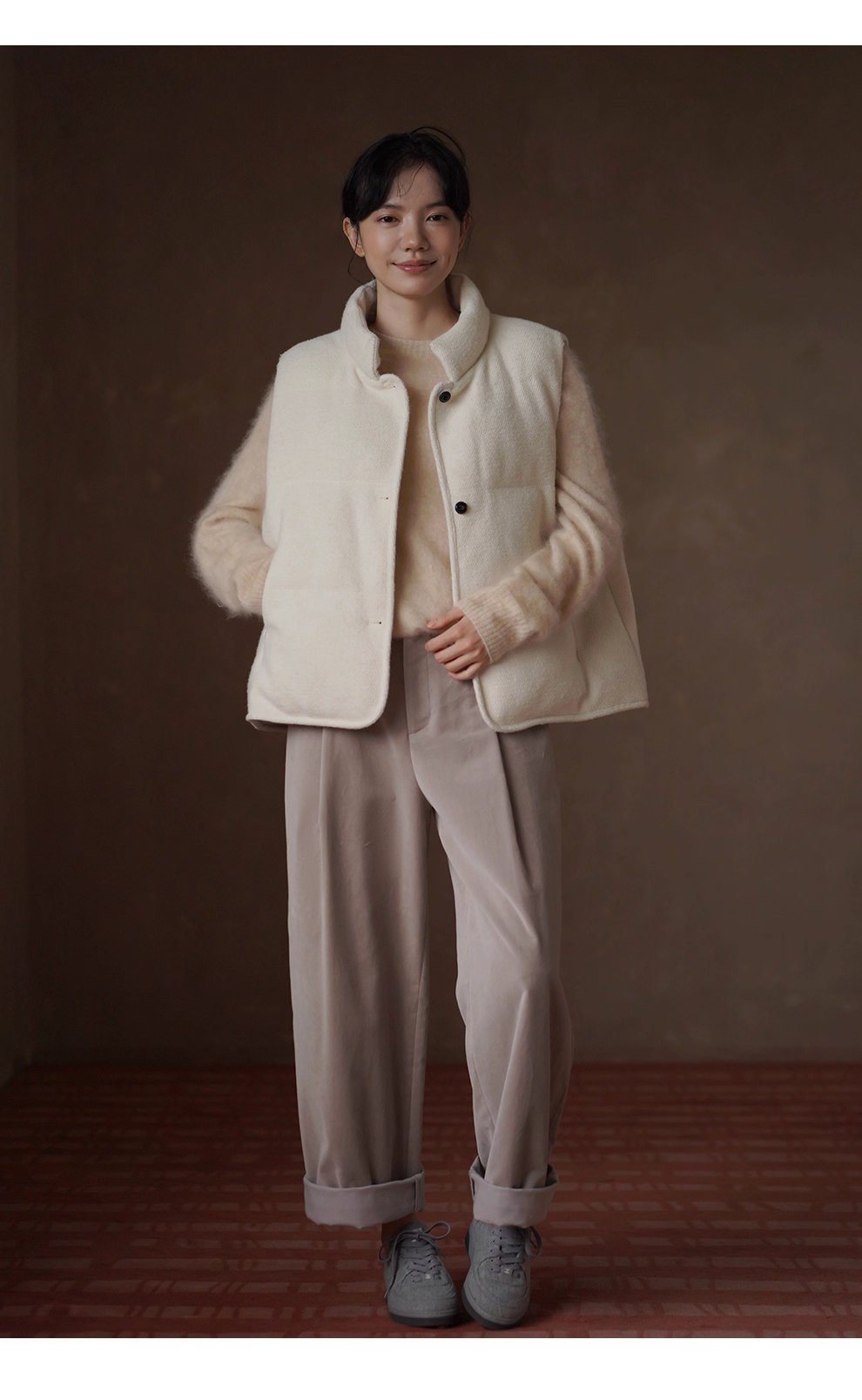 小奶糕自然肌理感綿羊毛混紡寬鬆疊穿簡約立領棉服馬甲