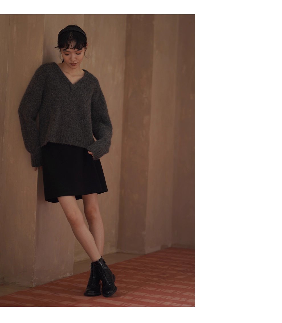 溫柔蓬鬆雜花灰毛衣馬海毛綿羊毛混紡寬鬆V領落肩上衣女