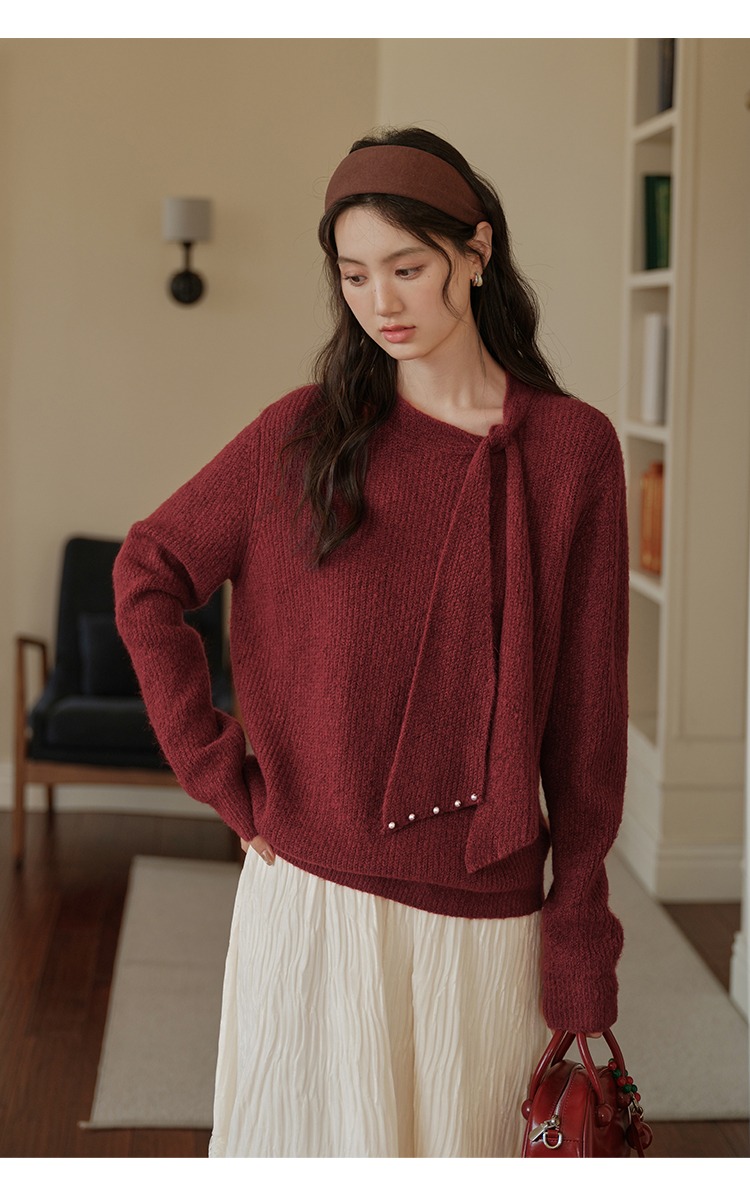 聖誕穿搭紅色毛衣女秋冬綁帶針織衫,聖誕穿搭紅色毛衣女秋冬綁帶針織衫,HBEW1954,聖誕穿搭紅色毛衣女秋冬綁帶針織衫,聖誕穿搭,立體綁帶