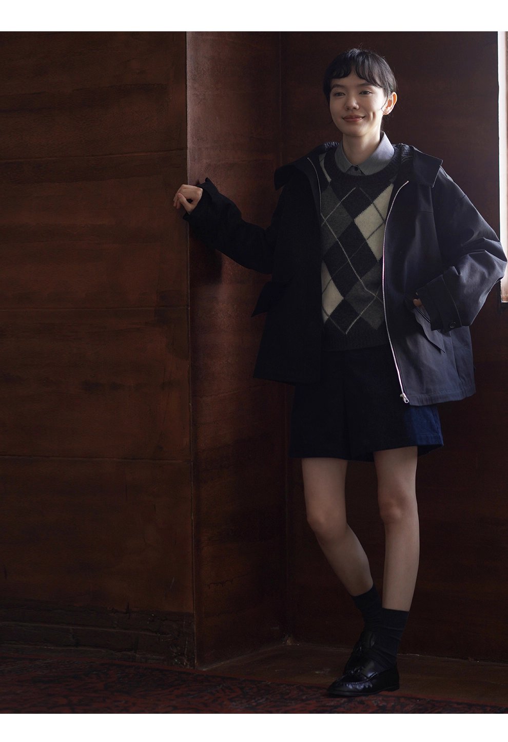 英倫學院撞色格紋連帽搖粒絨內裡加厚一手長夾克外套女