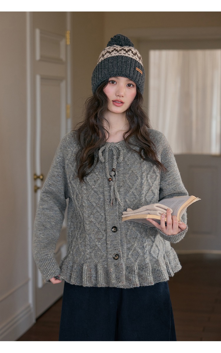 菱格毛衣開襟上衣外套冬季針織衫,菱格毛衣開襟上衣外套冬季針織衫,HBEW1952,菱格毛衣開襟上衣外套冬季針織衫,荷葉滾邊,菱格紋路