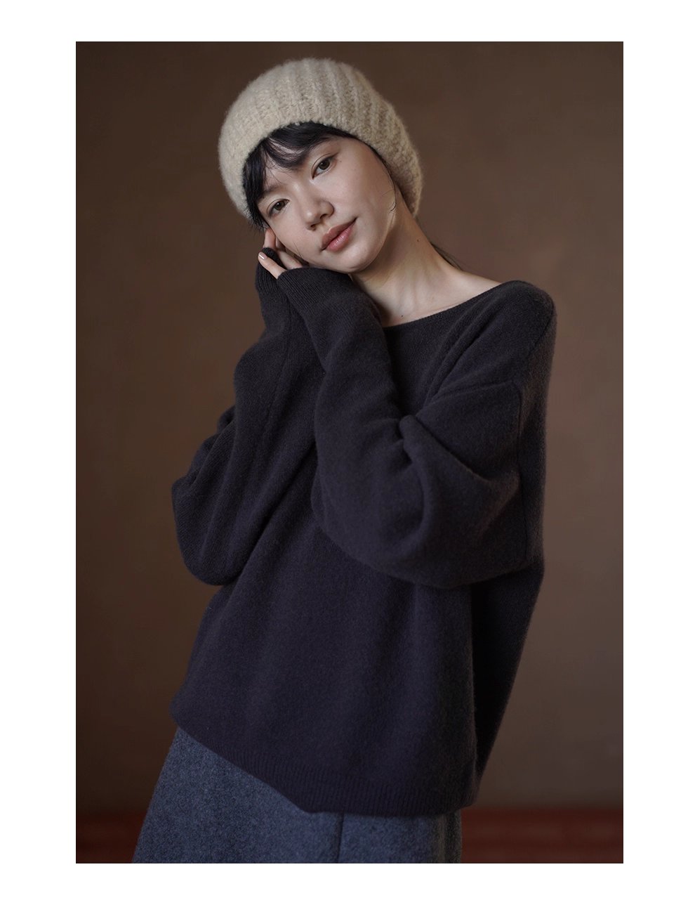 溫柔實用100羊毛窄邊收針一字領寬鬆慵懶顯瘦通勤毛衣女