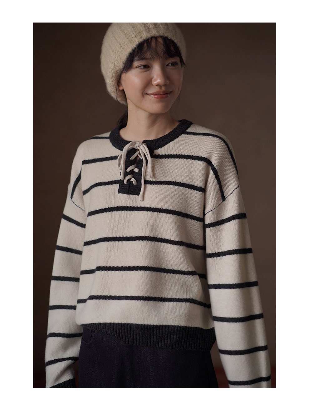 復古水手條紋上衣軟糯100羊毛綁帶門襟設計寬鬆顯瘦毛衣