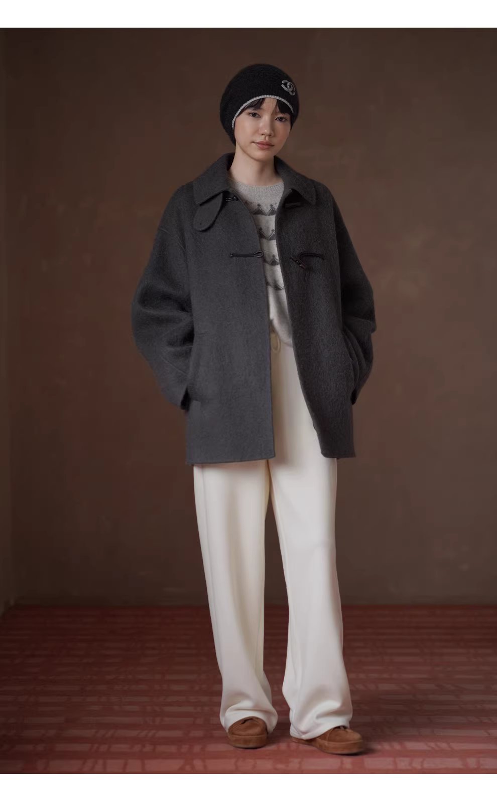 復古費爾島提花氛圍感柔軟羊毛浣熊混紡圓領寬鬆毛衣女